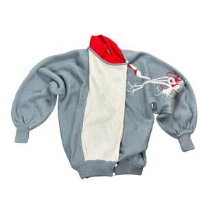 Cardigan -Gray Red White- Vintage Sz 42- Button Closure- Norma Roma Embroidery